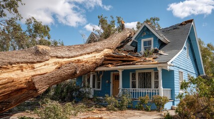 Fototapeta premium Large fallen tree on a blue house after a storm, causing major structural damage to the roof and porch