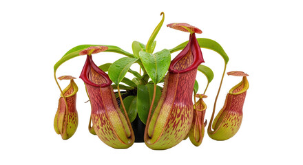 Pitcher plant with colorful traps and green foliage, cut out, stock png, isolated on transparent background