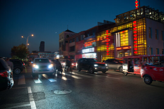 Dandong City Night Street Scene, Liaoning Province, China