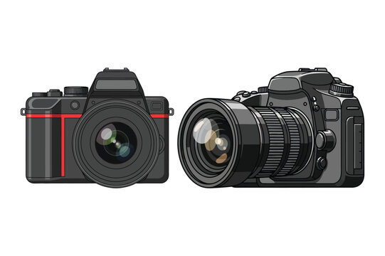 Two modern digital cameras, one side view, one front view