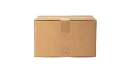 Brown corrugated cardboard box sealed with tape, cut out, stock png, isolated on transparent background