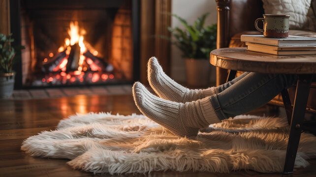 Warmer Kaminabend mit Wollsocken und Feuerschein