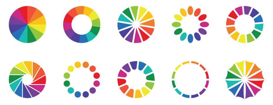 Color wheel guide. Floral patterns and palette isolated. RGB and CMYK colors. Vector illustration with rainbow light spectrum.