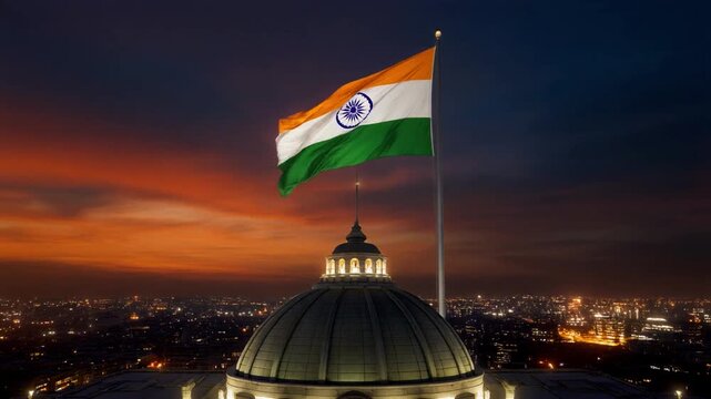 National Flag of India in 4K Featuring Cinematic Hilltop Sunset Progression and Rushing Sky