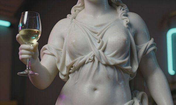 statuesque figure representing aphrodite holding glass wine one hand amidst dimly lit space illuminated soft neon