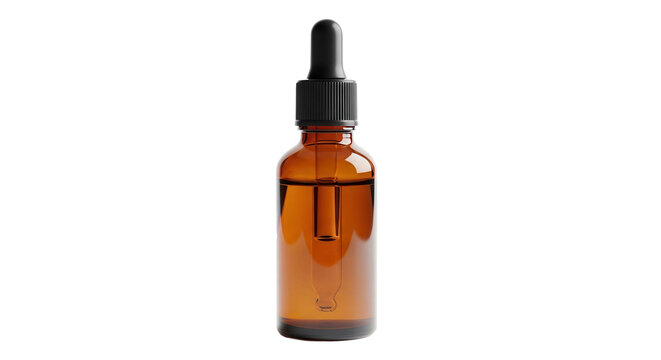 Amber glass dropper bottle with black cap and pipette containing liquid, cut out, stock png, isolated on transparent background