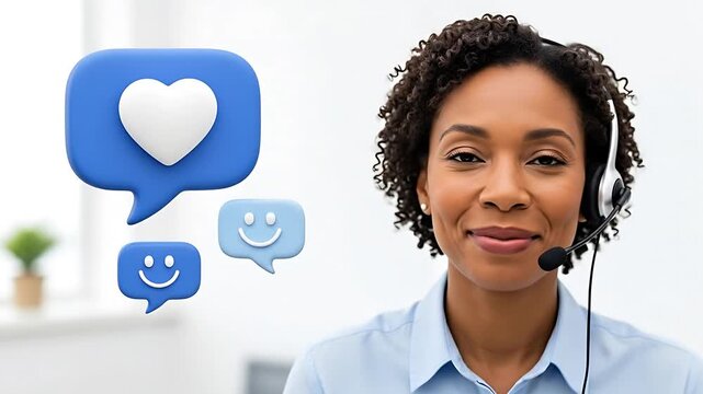 Smiling customer support representative with social media icons