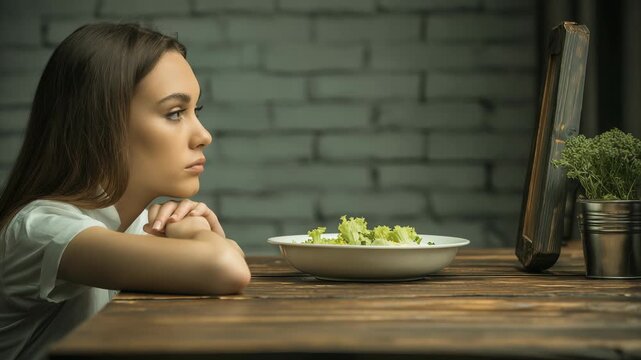 Contemplating Healthy Choices A Young Woman and Her Salad