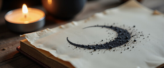 Candlelight illuminating a crescent moon symbol on vintage paper  