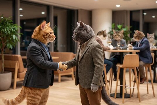 Two anthropomorphic business cats in tailored suits stand in the center and shake hands sealing a deal, their tails swishing subtly as other suited cats chat and sip drinks