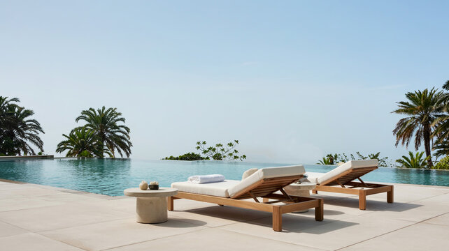 Luxuri&ouml;ser Infinity-Pool mit Design-Liegen und klarem Wasser
