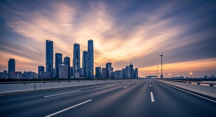 Empty highway road with city skyline and sunset in background