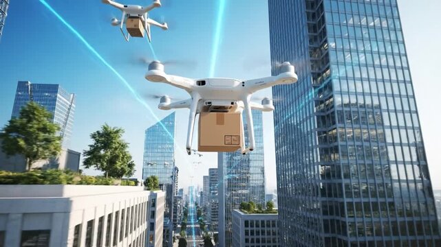 Drone transports cardboard parcel in city showcasing aerial logistics and delivery technology