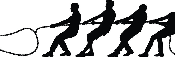 Teamwork tug of war silhouette illustration showing people pulling rope together, cooperation strength unity leadership effort challenge concept strategy competition © Sarjina's World