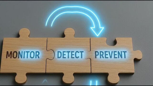 Monitor Detect Prevent Concept with Wooden Puzzle Pieces, Blue Neon Arrows, and Hand Pointing&mdash;Security Process, Risk Management, Proactive Protection Strategy, and Prevention Business or Technology