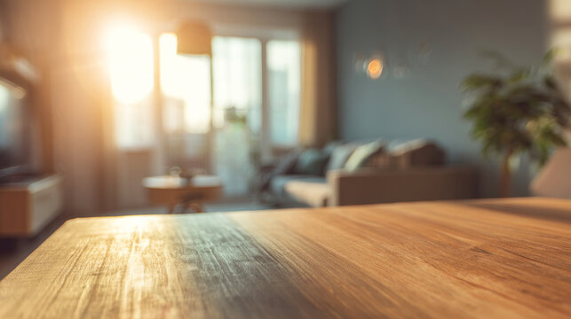 Warm sun illuminating a textured wooden table surface, providing a perfect backdrop for product display with a soft, blurred home interior