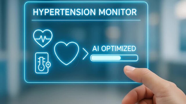 Hypertension monitor digital health AI optimized futuristic interface heart rate blood pressure medical technology healthcare innovation modern touch screen hospital environment person interacts with