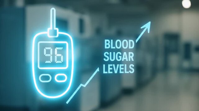 Blood sugar level glucose meter medical device healthcare diabetes monitoring digital display blue hospital technology rising trend measurement health wellness diagnostic modern clinical numeric