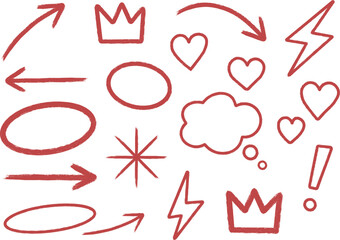 Hand drawn red doodle icons set with arrows hearts crowns and speech bubbles