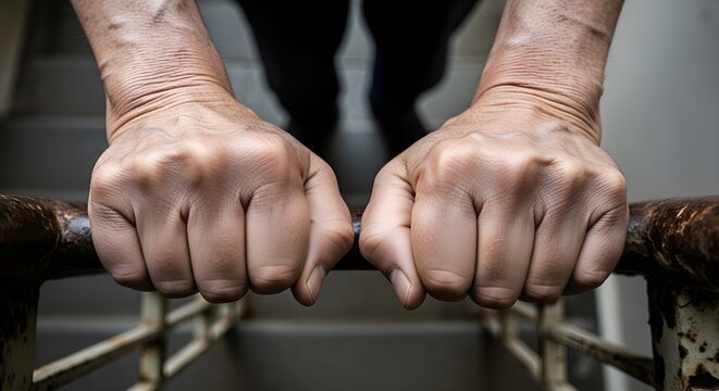 Close-up of weathered hands gripping a rusty metal bar.