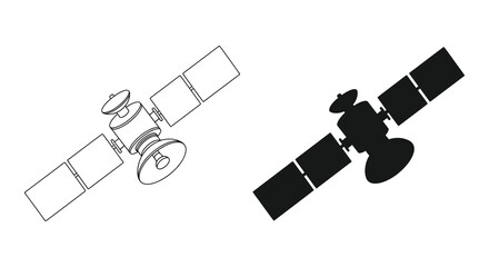 A detailed comparison showcases a satellite s line drawing alongside its stark black silhouette high quality professional modern elegant stylish clean crisp © Niloy MotionArts 3D7