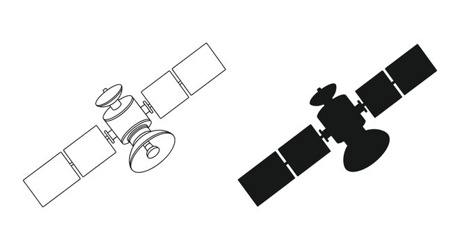 A detailed comparison showcases a satellite s line drawing alongside its stark black silhouette high quality professional modern elegant stylish clean crisp