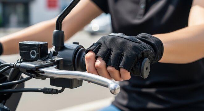 : Female rider hand in a fingerless glove holding a motorcycle or scooter handlebar