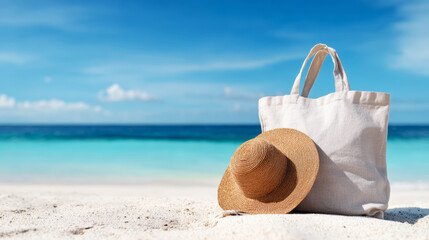 Straw hat and tote bag on clean white beach, perfect for summer vacation, travel, relaxation, and holiday concepts © Bonsales