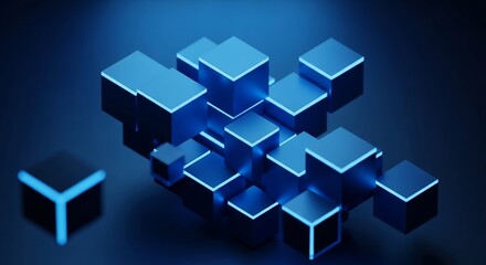Obraz premium Abstract 3D futuristic technology background featuring floating blue cubes with glowing neon edges, representing blockchain, big data, and modern geometric digital structures.