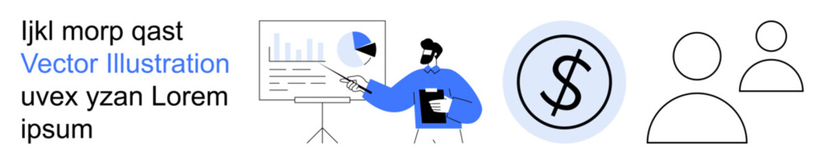 Obraz premium Business strategy, financial planning, data analysis, teamwork, professional collaboration, corporate success. Person presenting charts, dollar symbol team icons. Business strategy and financial