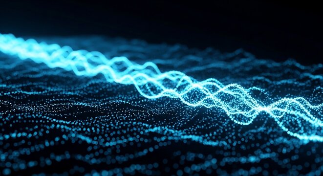 Abstract futuristic technology background with glowing blue particle waves, representing digital big data flow, sound frequencies, and science network visualization.