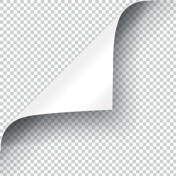 White sheet of paper with curled corner creating a diagonal shadow, page curl realistic element designs Curl edge. Rolled paper sheet.