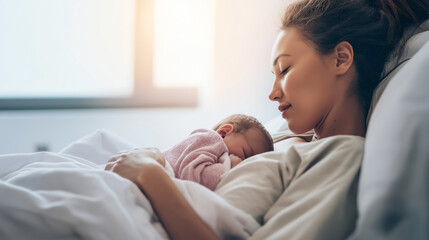 Naklejka na ściany i meble Mother holding newborn baby on chest in hospital, enjoying skin to skin bonding after childbirth