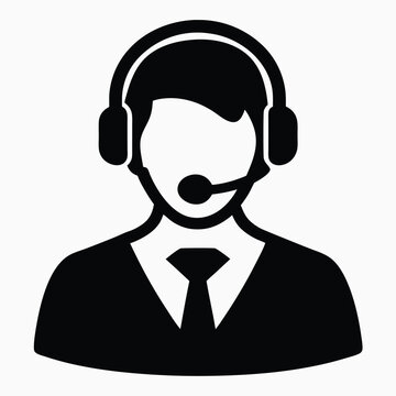 Black Silhouette Business Man Icon with Headset, Tie, and Shirt on White Background