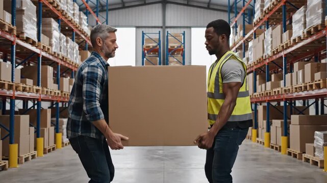 Two warehouse workers lifting a large box in a storage facility