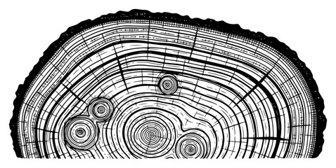 Hand drawn cross section of a tree trunk with detailed annual growth rings and wood texture © Logan