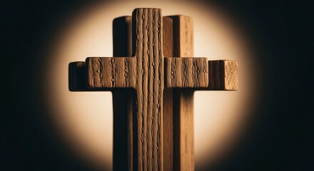 Wooden cross against a bright light. Symbol of Christianity and faith for religious concepts. Easter and Good Friday element.