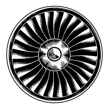 Detailed hand drawn black and white vector of a jet engine turbine fan in circular view