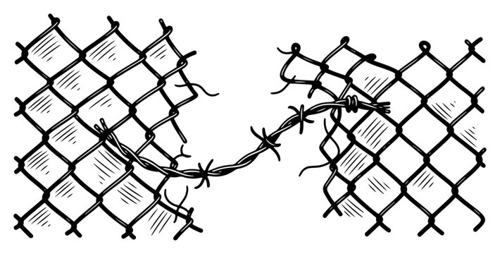 Hand drawn broken chain link fence with tangled barbed wire and torn mesh