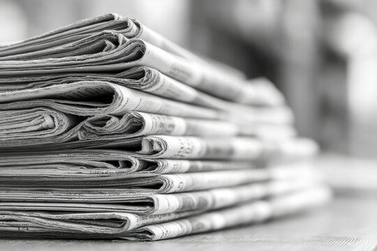 Stack of neatly folded newspapers arranged on a surface with blurred background in black and white for media and print concepts