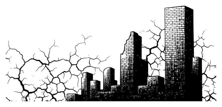 Stylized urban cityscape with brick buildings and cracked ground in a hand drawn engraving style