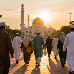 Muslims walking to mosque for Eid-ul-Fitr prayer