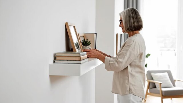 Senior woman arranging photo frames on a shelf in a bright living room