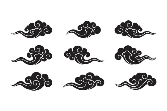 Collection of nine stylized black Asian cloud graphics with decorative swirls and trailing wisps isolated on a white background