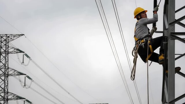 Electrician worker in safety gear climbing power transmission tower with high voltage lines and insulators on a cloudy day