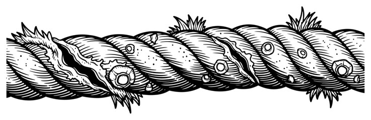 Hand drawn illustration of a thick weathered rope with barnacles and seaweed texture © Logan