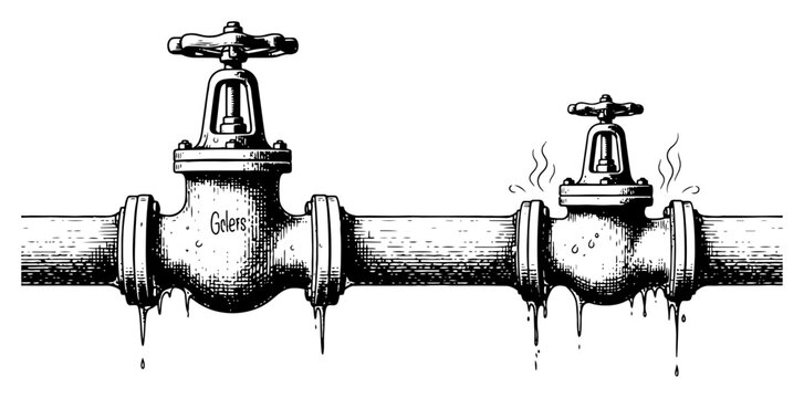 Industrial pipes with leaking valves in a vintage hand drawn ink sketch style