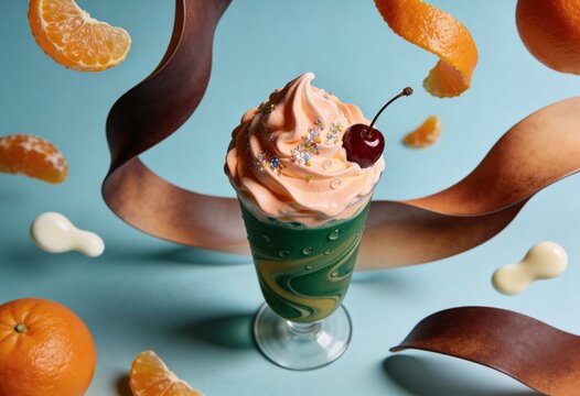 Layered Green and Orange Milkshake with Whipped Cream, Sprinkles, and Floating Citrus Accents
