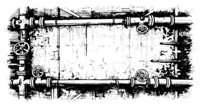 Industrial pipe system with valves forming a grungy decorative border frame
