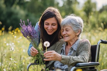 Young Woman and Senior in Wheelchair Enjoying Nature Together